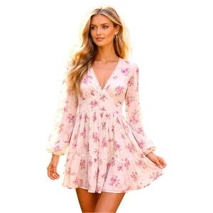 Altar’d State Pink Floral Lace Trim Mini Dress Romantic Cottagecore Boho Size XS